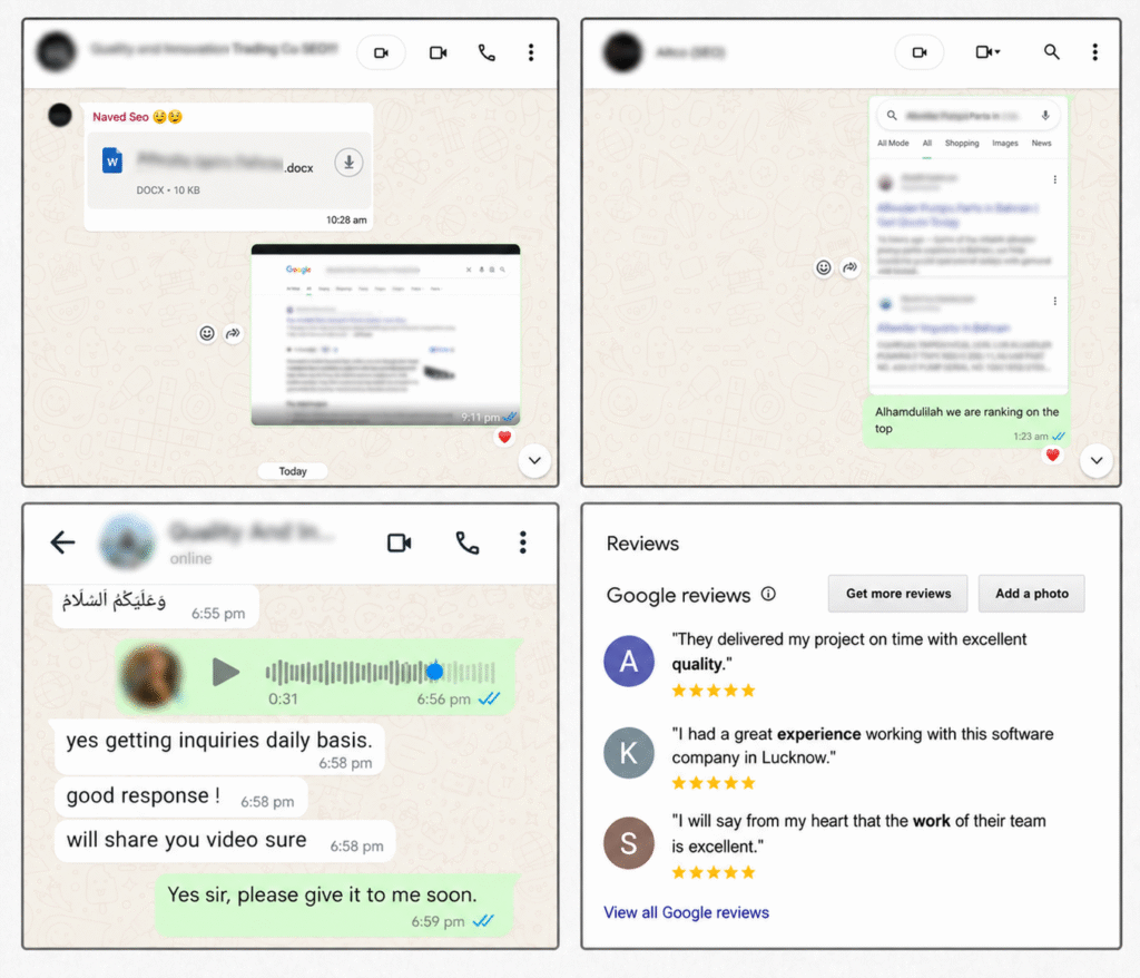 Client feedback and Google reviews showing successful SEO services in Saudi Arabia.