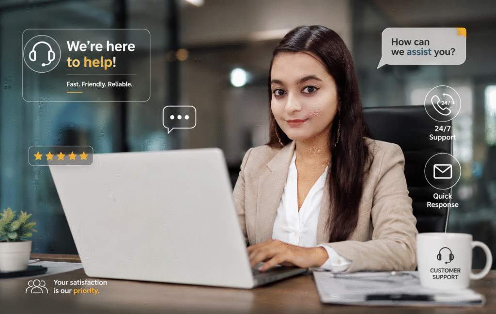 Professional customer support executive assisting clients online.