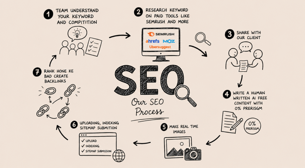 SEO services in Saudi Arabia workflow process including keyword research, content optimization, indexing and backlinks.