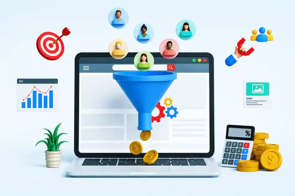 Digital marketing funnel illustration showing lead generation, audience targeting, and conversion tracking for a Google Ads agency in Saudi Arabia .