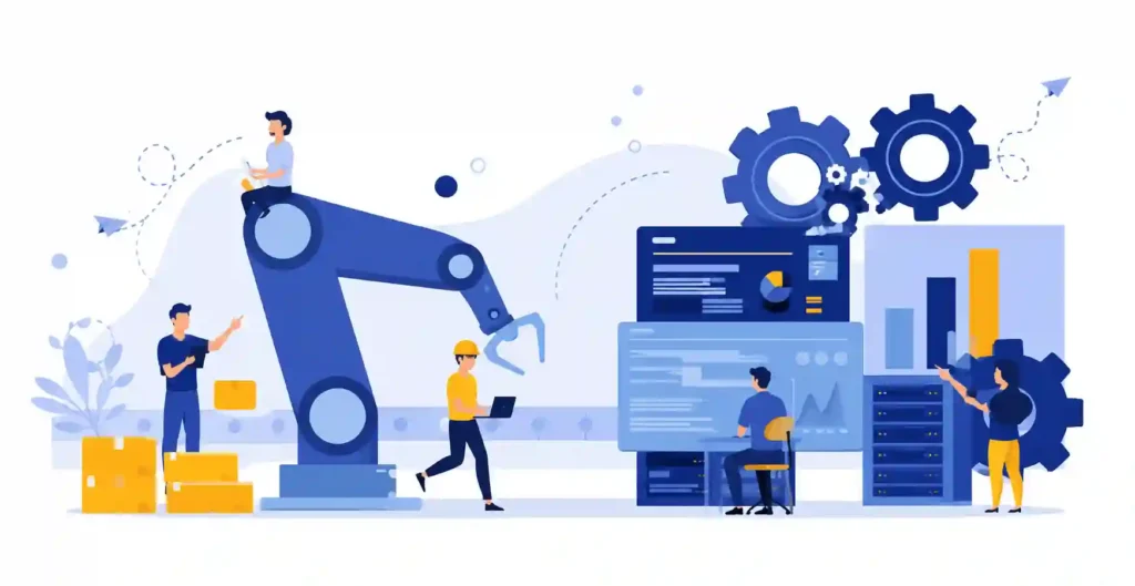 Industrial automation illustration showing robotics, data monitoring, and digital workflow management.
