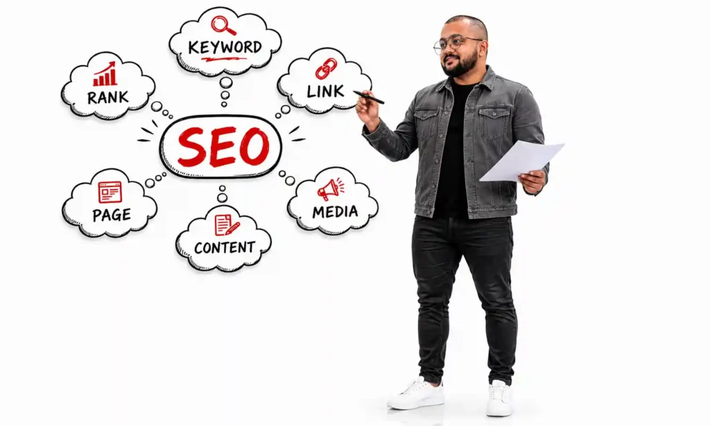Illustration showing SEO package components and SEO Services Saudi Arabia solutions.