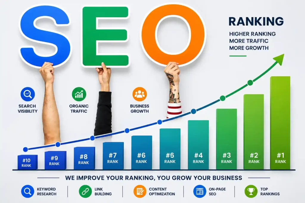 SEO ranking growth chart showing the benefits of SEO Services Saudi Arabia for business visibility and traffic.
